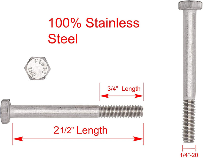 1/4"-20 X 2-1/4" (25pc) Stainless Hex Head Bolt, 18-8 Stainless