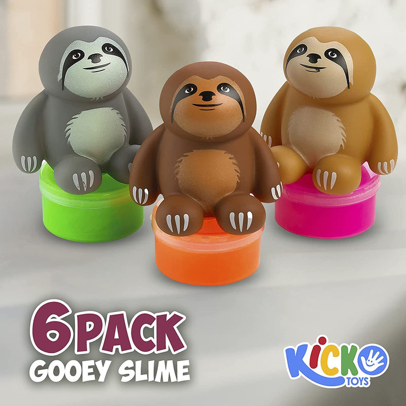 Kicko Sloth Slime - 6 Pack - Gooey Slime in a 2 Inch Clear Tub with a Sloth Lid - Party