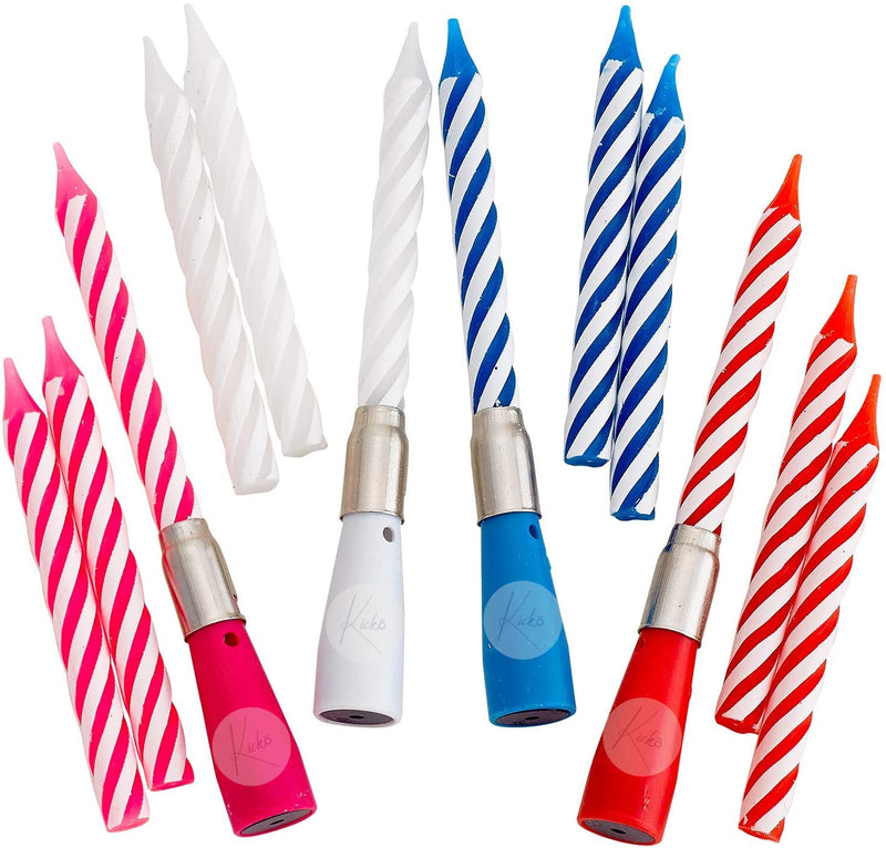 Kicko Striped Musical Birthday Candles - 12 Candles, 4 Bases - 4.25 Inch - 4 Colors