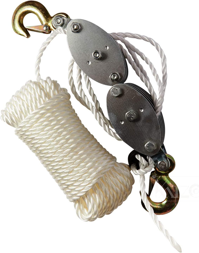 Katzco Poly Rope Pulley Block and Tackle Hoist with Safety Snap Hook - Heavy Duty 65 Foot