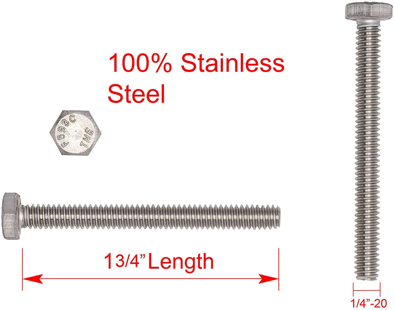 1/4"-20 X 1-3/4" (25pc) Stainless Hex Head Bolt, Fully Threaded, 18-8 Stainless