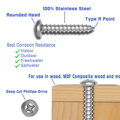8 x 1/2" Stainless Phillips Pan Head Wood Screws (100 pc), 18-8 (304) Stainless Steel