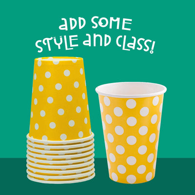 Kicko Sunflower Yellow Polka Dot Paper Cups - 24 Pack - 12 Oz. - Disposable Drinking