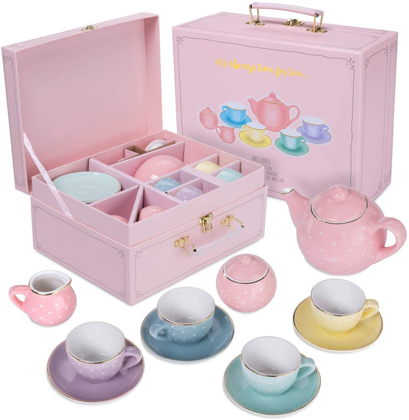 Jewelkeeper Porcelain Tea Set for Little Girls, Pink Polka Dot, 13