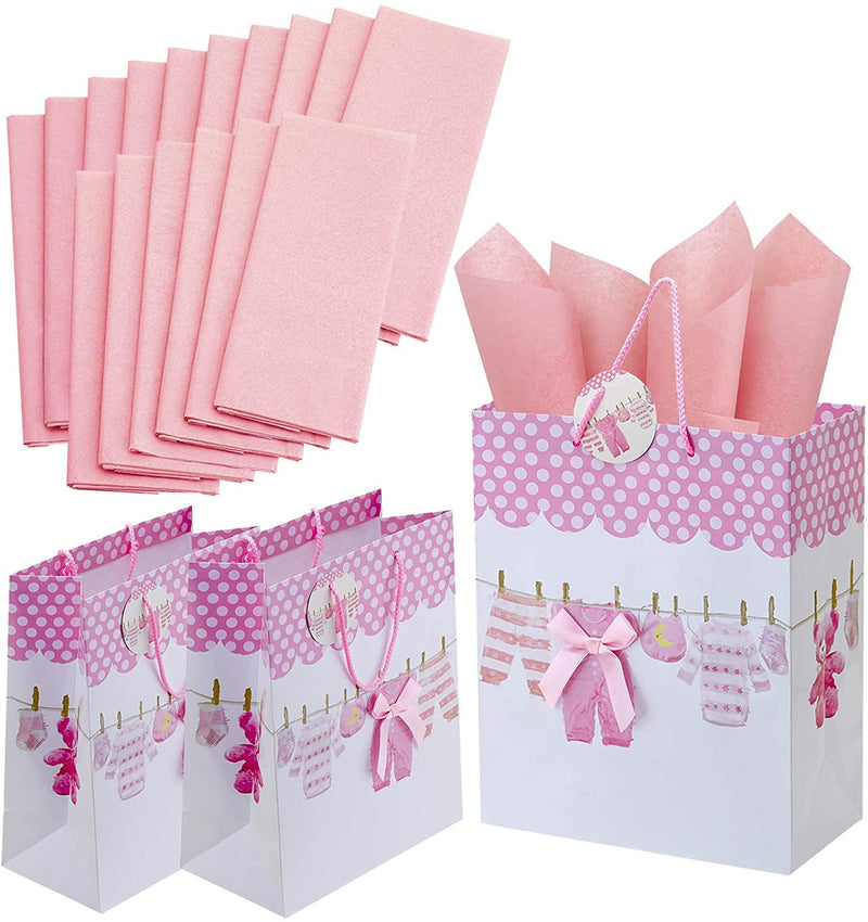 Kicko Large Pink Baby Gift Bags with Tissue Paper - 23 Pieces - 13 Inches - for Party
