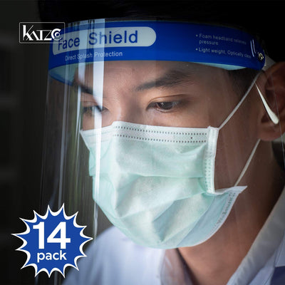 Katzco Reusable Face Shields - 14 Pack - Clear Full Face Visor Mask with Removable