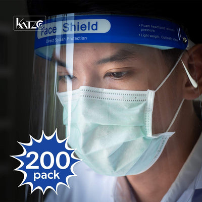 Katzco Bulk Face Shields - 200 Pack - Reusable Clear Full Face Visor Mask with Removable
