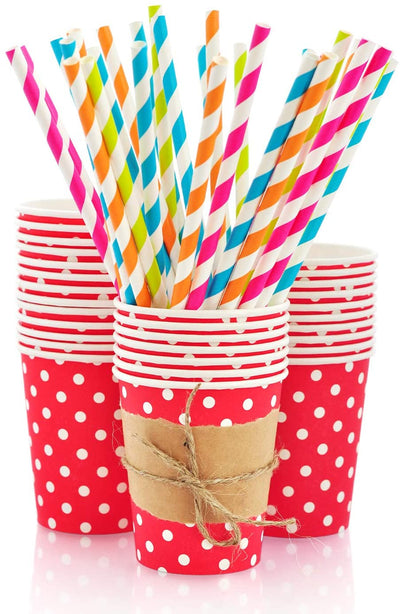 Kicko Ruby Red with White Polka Dots Paper Cups - 18 Pack - 12 Oz. - Disposable Drinkware