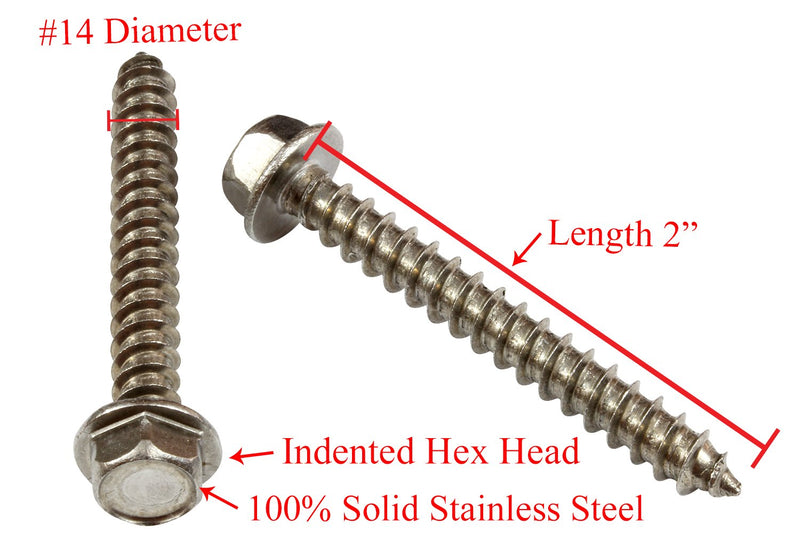 14 X 1-1/2" Stainless Indented Hex Washer Head Screw, (25 pc), 18-8 (304) Stainless Steel