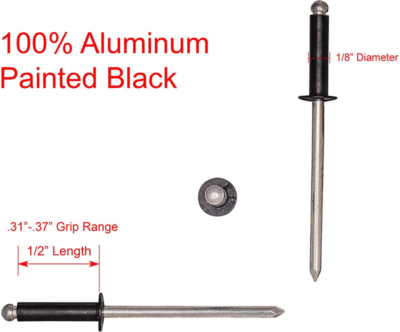 44 Black Aluminum Coated Aluminum Rivets (100pc) 1/8" Diameter, Grip Range (3/16" - 1/4"
