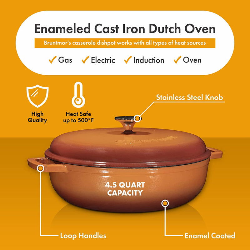 Bruntmor Enameled Cast Iron Dutch Oven with Lid and Stainless Steel Knob - 4.5-Quart