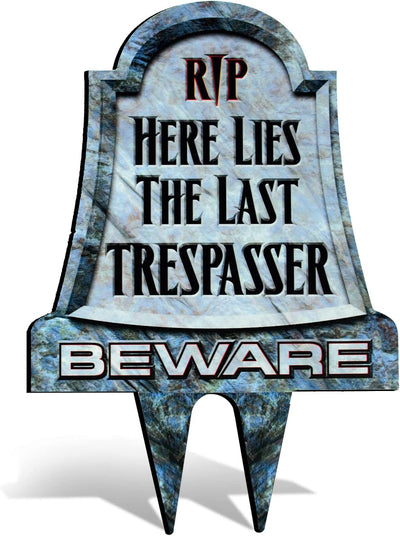 Funny or Scary No Trespassing Sign. Beware Tombstone Metal Lawn Sign | Halloween Yard