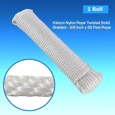 Katzco Nylon Rope Twisted Solid Braided - 1 Roll of 3/8 Inch x 50 Feet Rope - for Camping