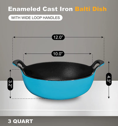 Enameled Cast Iron Balti Dish With Wide Loop Handles, 3 Quart, Turquoise