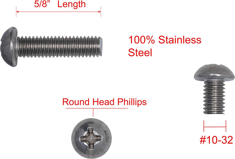 10-32 X 5/8" Stainless Phillips Truss Head Machine Screw, (50pc), Fine Thread, 18-8 (304