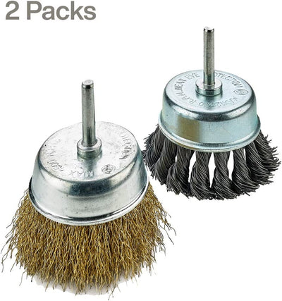 Katzco Wire Wheels Brush - 2 Pack Knotted And Crimped Cups For Rust Removal, Corrosion
