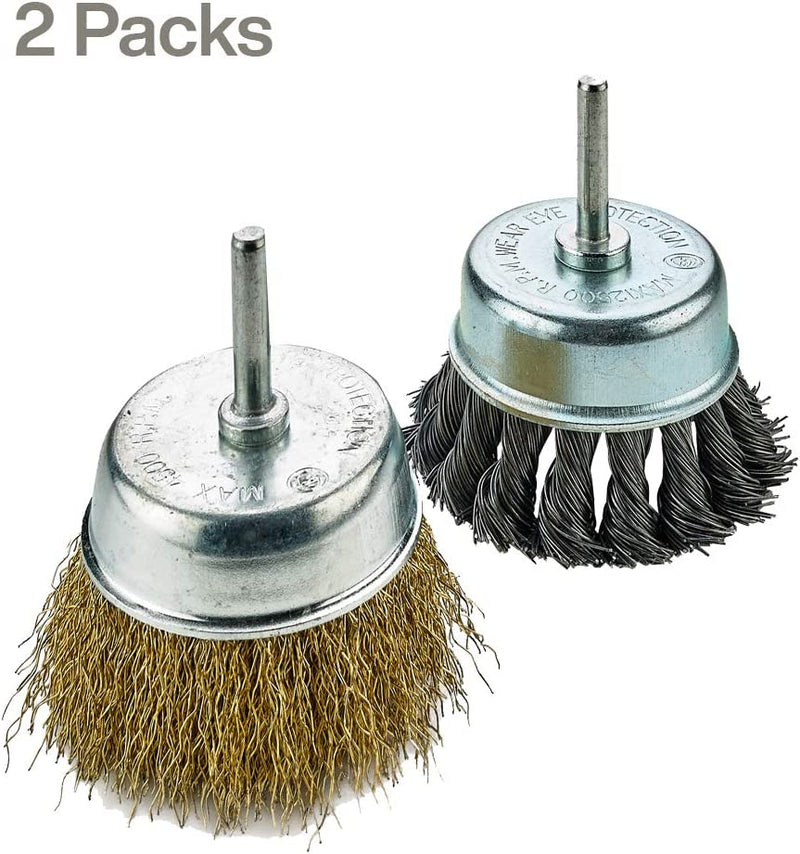 Katzco Wire Wheels Brush - 2 Pack Knotted And Crimped Cups For Rust Removal, Corrosion