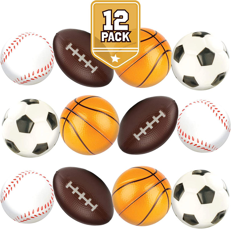12 Sports Themed 2.5" Stress Balls Squeeze Balls Foam for Stress Relief, Relaxation, Party