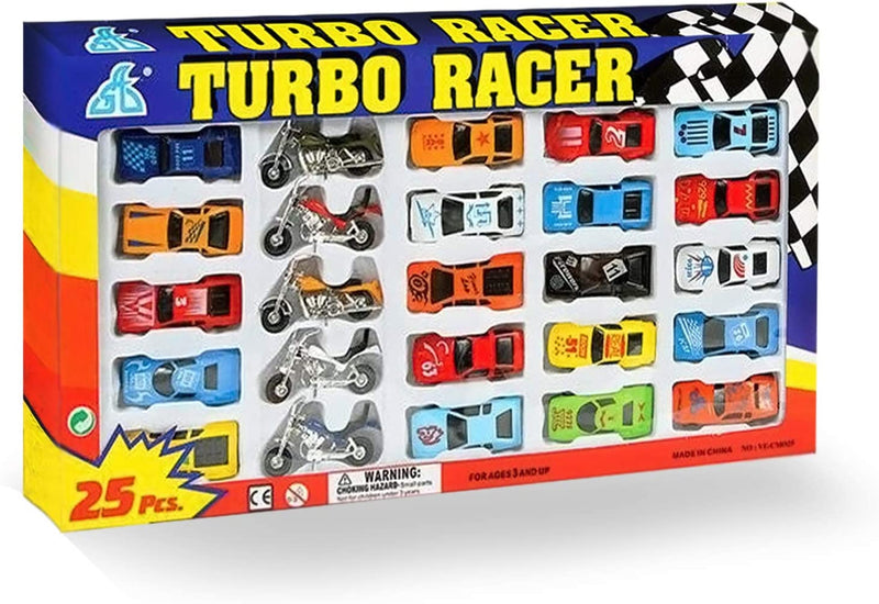Kicko Diecast Cars and Motorcycles - 25 Pack - Random Vehicle Toy Assortment - Collector