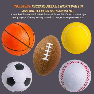 Kicko Foam Sports Balls - Pack of 6 Assorted Squeeze Balls for Stress Relief, Stocking