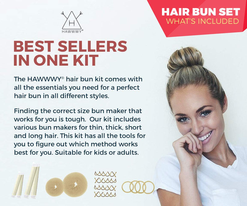 Hawwwy 12-piece Hair Bun Maker, Easy Fast Bun Tool Best Sellers Kit Short Long Full Thin