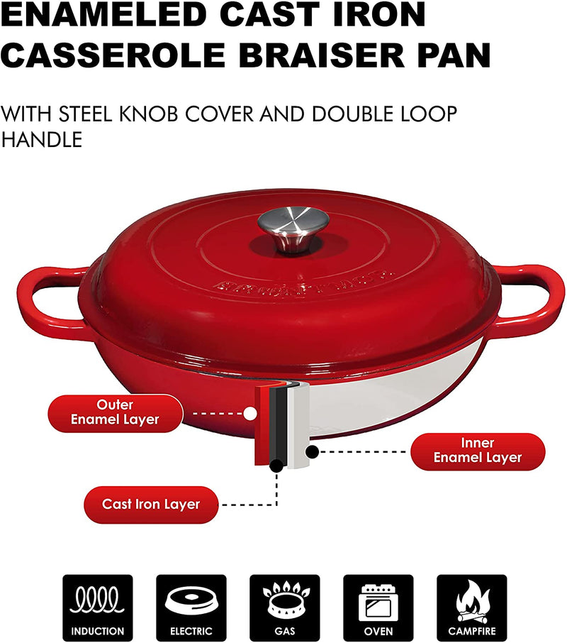 Silicone Oil Non-Stick Enameled Cast Iron Shallow Casserole Braiser Pan with Cover, 3.8