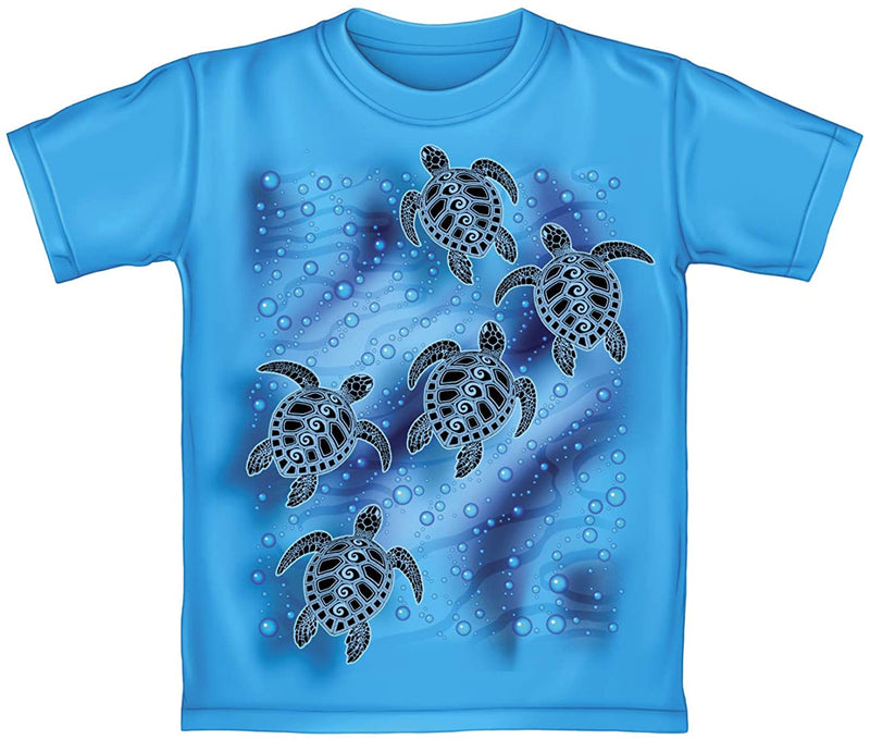 Tribal Sea Turtles Youth Turquoise Tee Shirt (Medium 8/10
