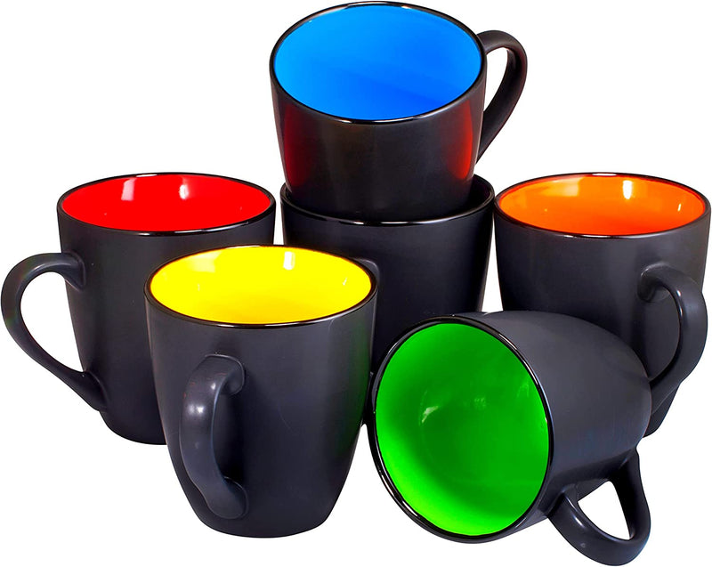 16 Oz Ceramic Coffee Mug Set Of 6 - Matte Black Restaurant Mugs - Large Handle Coffee Mug