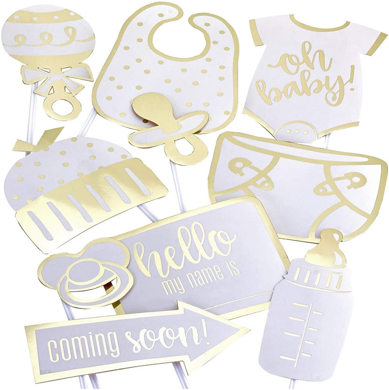 Kicko Gold Baby Shower Photo Props on Sticks - 10 Pack - for Kids, Party Favors, Stocking