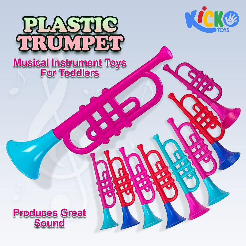 Kicko Plastic Trumpet - 12 Pack - 13.5 inches Multicolored Assorted Plastic Brass