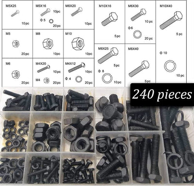 240 Piece Metric Nuts and Bolts Set  Black Oxide Finish Hex Head Bolts, Hex Nuts,
