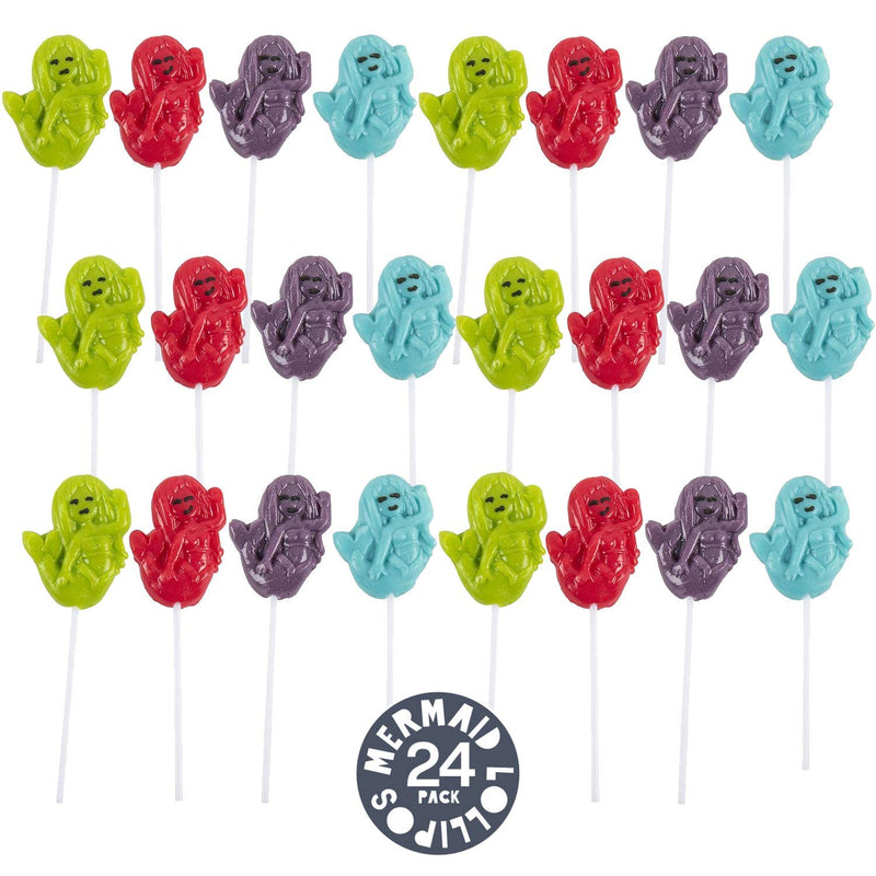 Kicko Mermaid Lollipops - 24 Pack, 2 Inch Flavored Animal Candies on a 4 Inch Stick -