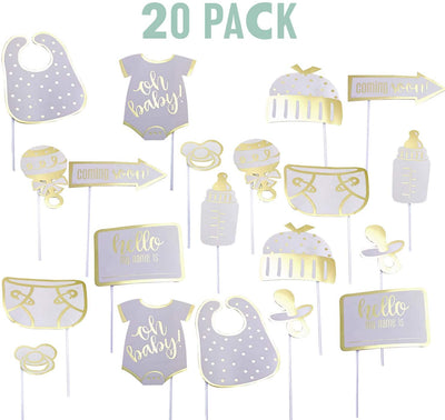 Kicko Gold Baby Shower Photo Props on Sticks - 20 Pack - for Kids, Party Favors, Stocking