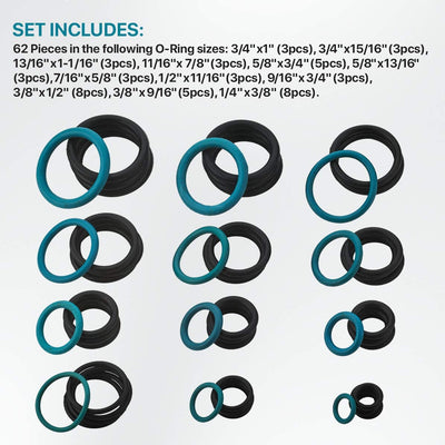 Katzco 62 Piece O-Ring Assortment Set - Heavy Duty Rubber Rings For Professional Plumbing