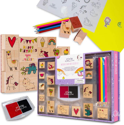 PixieCrush Wooden Stamp and Sticker Activities with Unicorns, Llamas, Kitty Cats, Puppies