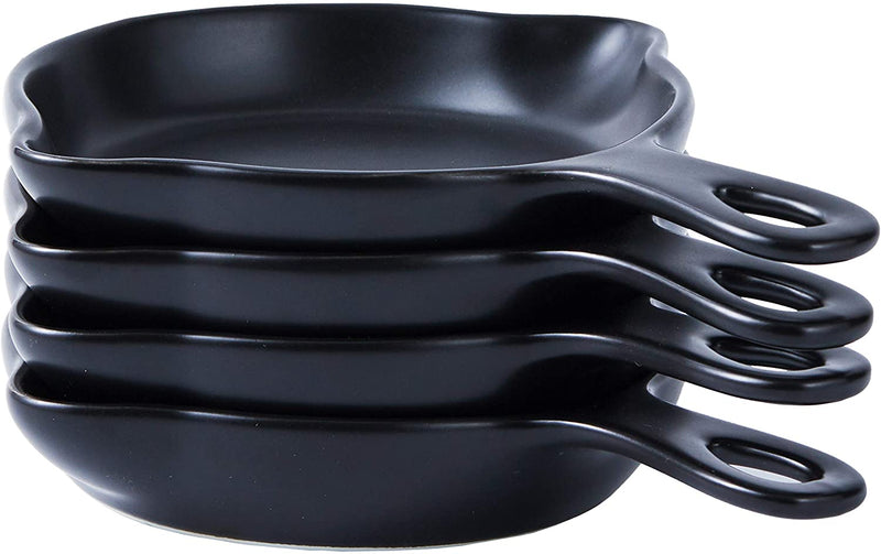 5" Matte Black Elegant Round Ceramic Skillet Dessert Plates, Stackable Set of 4 Dessert