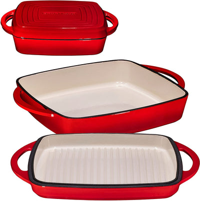 Enameled Square Cast Iron Large Baking Pan. Cookware Baking Dish With Griddle Lid 2In1