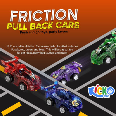 Kicko Friction Pull Back Cars - 12 Pack - 2.5 Inch Assorted Colors - Push and Go Toys