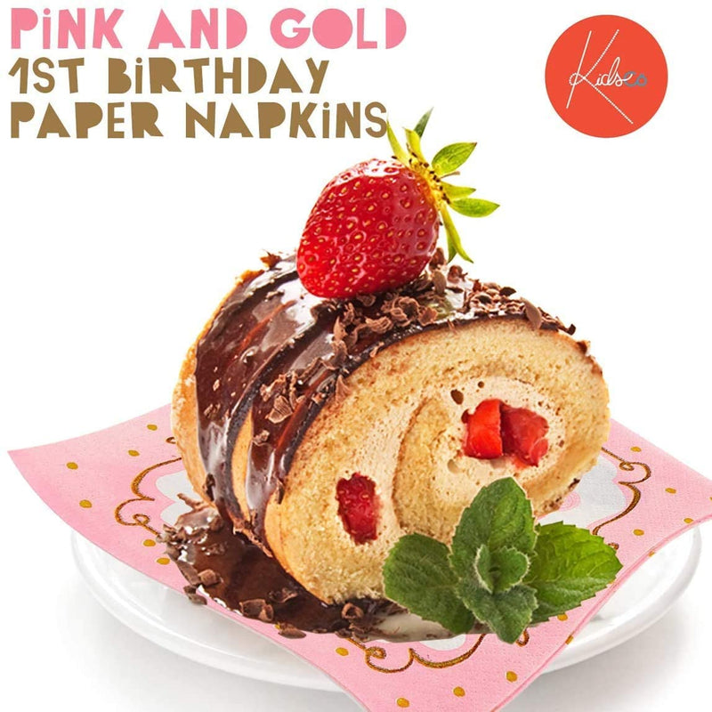 Kicko Pink and Gold First Birthday Paper Napkins - 64 Pack - 6.45 x 6.45 Inches