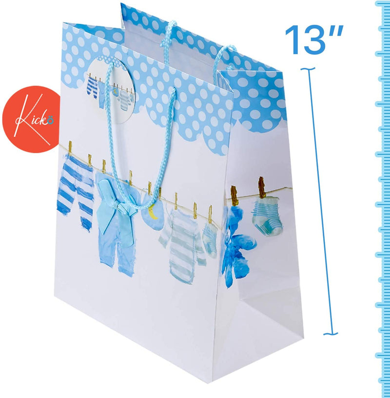 Kicko Large Blue Baby Gift Bags - 3 Pack - 13 Inches, Featuring Onesies, Bibs, Newborn
