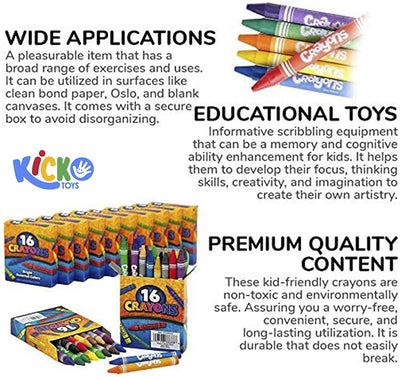 Kicko Crayon Set - 12 Packs with 16 Pieces Assorted Coloring Wax Sticks in Each Pack