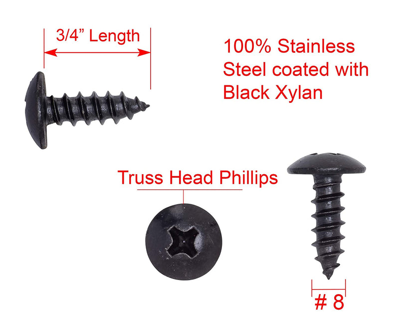 8 X 3/4" Stainless Truss Head Phillips Wood Screw, (25pc), Black Xylan Coated 18-8 (304