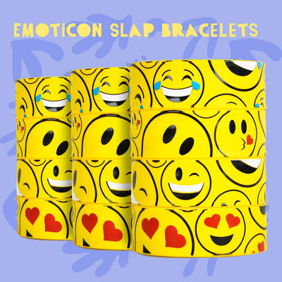 Kicko 12 Pack Emoji Slap Bracelets Assorted Emoticons Smile Face - Fun for Kids and Adults