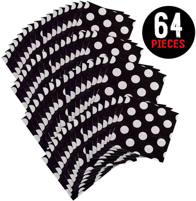 Kicko Black with White Polka Dots Paper Napkins - 64 Pack - 6.25 x 6.25 Inch - Disposable