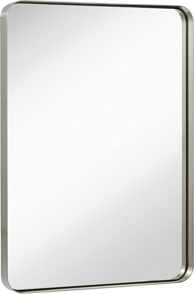 Contemporary Brushed Metal Wall Mirror | Glass Panel Silver Framed Rounded Corner Deep