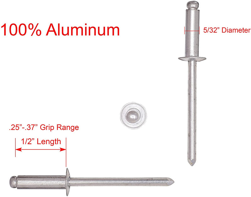 43 Aluminum Rivets (100pc) 1/8" Diameter, Grip Range (1/8" - 3/16"), All