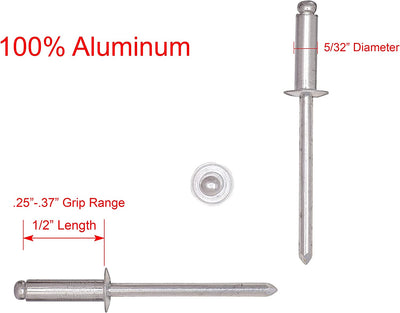 Rivets, Aluminum, 3/16" x 3/4" Inch, (6-12), Choose Size, Gap (.62 - .75)" (200 Pack)