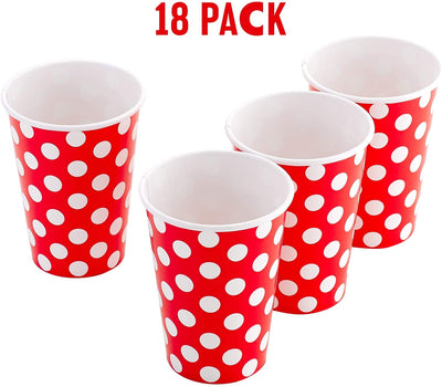 Kicko Ruby Red with White Polka Dots Paper Cups - 18 Pack - 12 Oz. - Disposable Drinkware