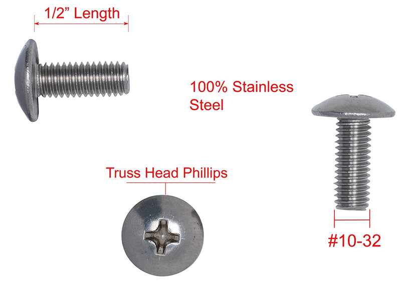10-32 X 1" Stainless Phillips Truss Head Machine Screw, (50pc), Fine Thread, 18-8 (304