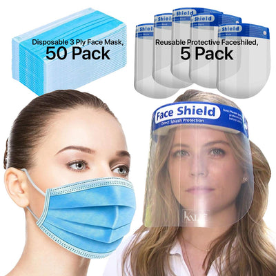 Katzco 5 Reusable Face Shields with 50 Pieces Disposable Masks - Clear Full Face Visor